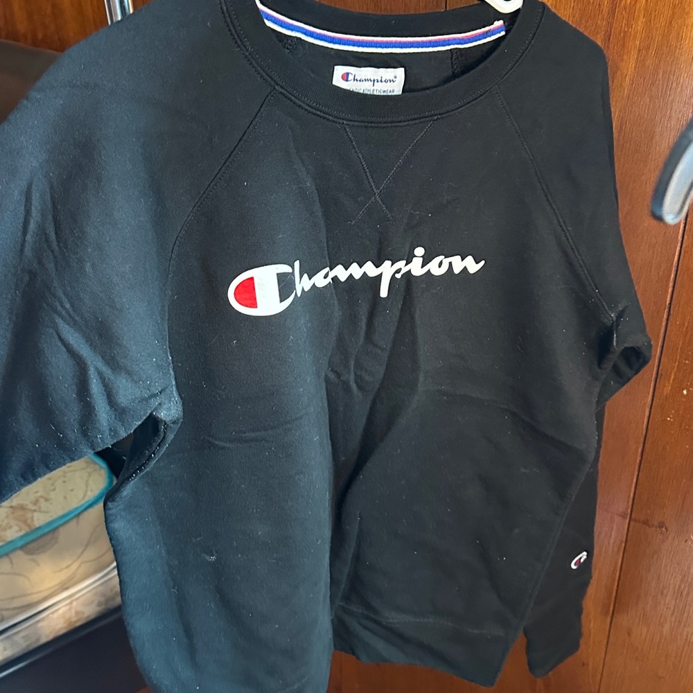 Champion Black Crew Sweatshirt with White Script and Red Accent